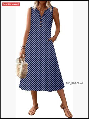 Sleeveless V-Neck Midi Dress with Pockets, Polyester Spandex
